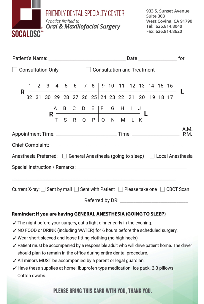 Oral surgery referral sheet.